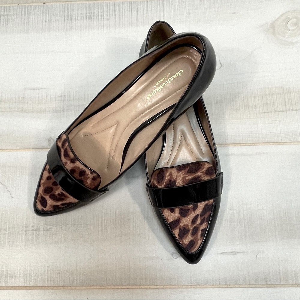 NWOB Cloudwalker Quinn by Avenue Faux Leopard Hair Black Patent Flats, Sz 9.5W - Picture 3 of 9